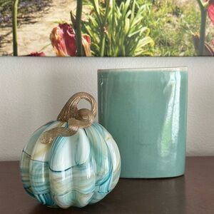 Large Art Glass Aqua Gold Pumpkin 7” hand blown